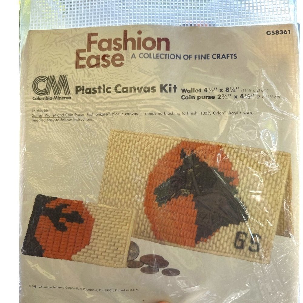 Vintage 80s Plastic Canvas Needlepoint Kit For Sunset Wallet & Coin Purse